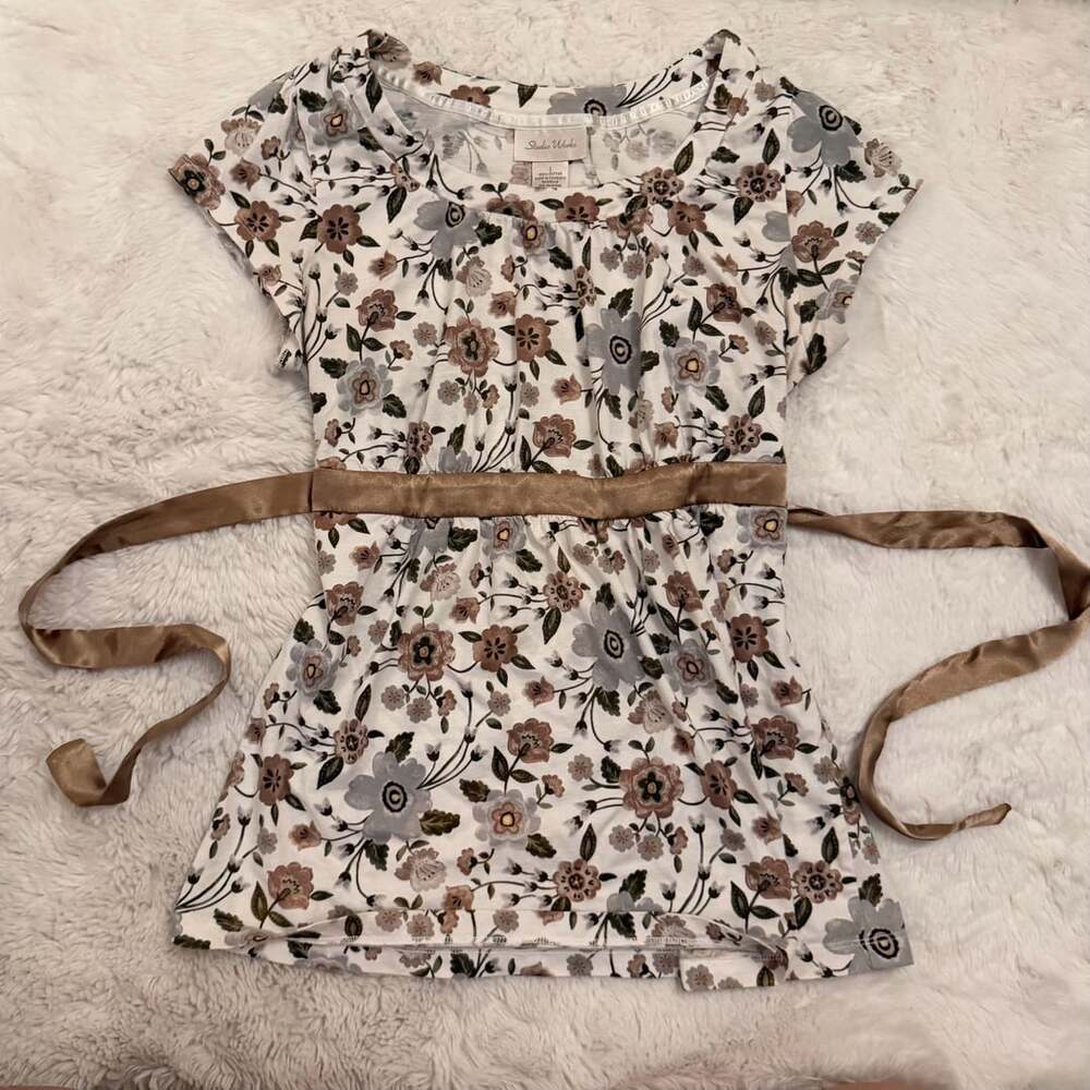 Studio Works Vintage Floral Print Empire Waist Tunic Top with Satin Sash Size S